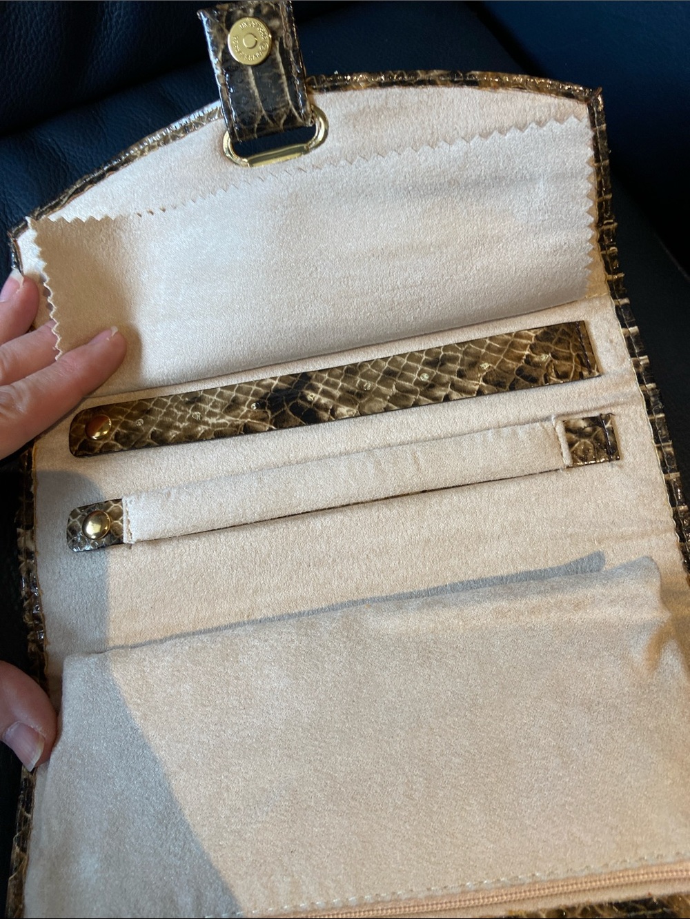 Gold Snake-Embossed Travel Jewelry Roll with Suede Interior